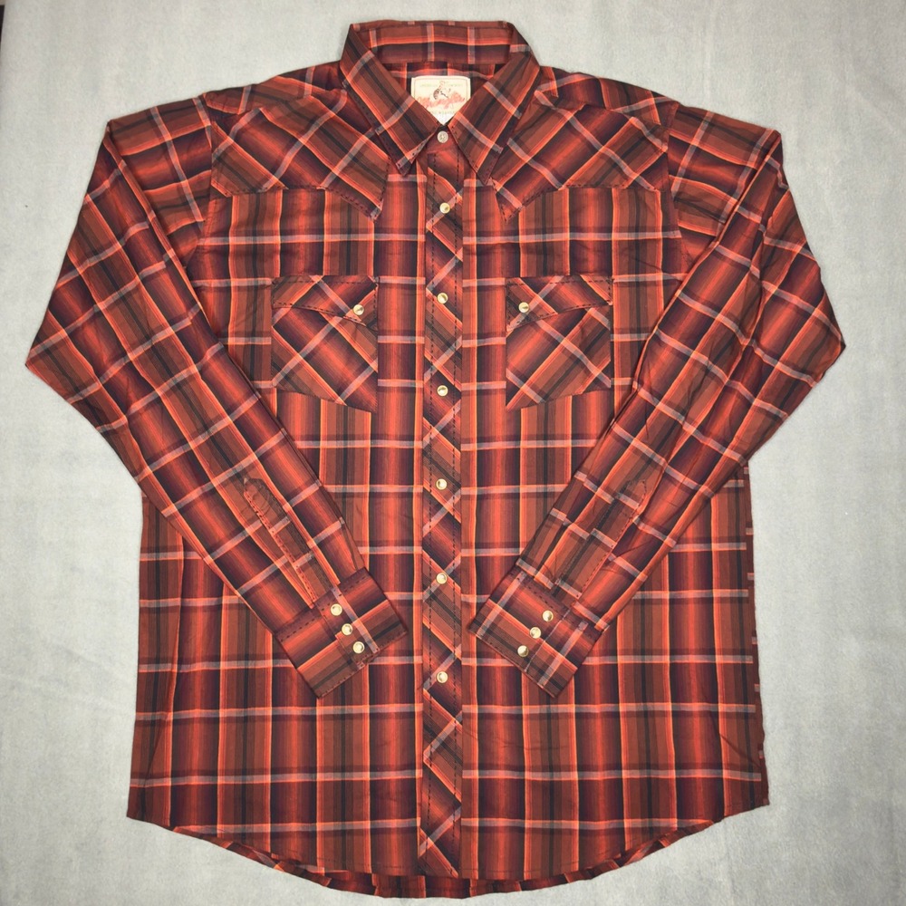 Wrangler Mens Red Black Plaid Western Pearl Snap Shirt XL